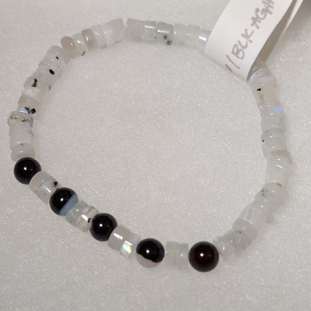 Moonstone And Black Agate Stretch Bracelet